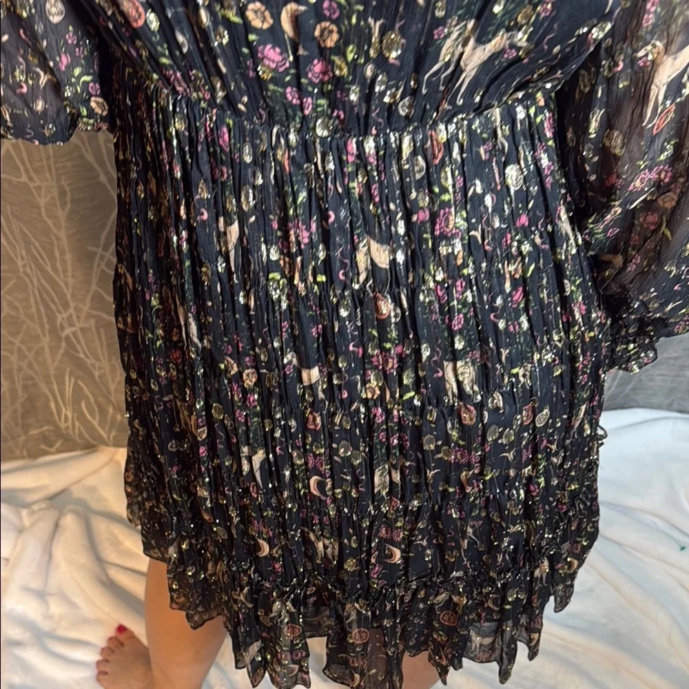 Sandro Paris Pleated Hound Print Metallic Dress 38/6